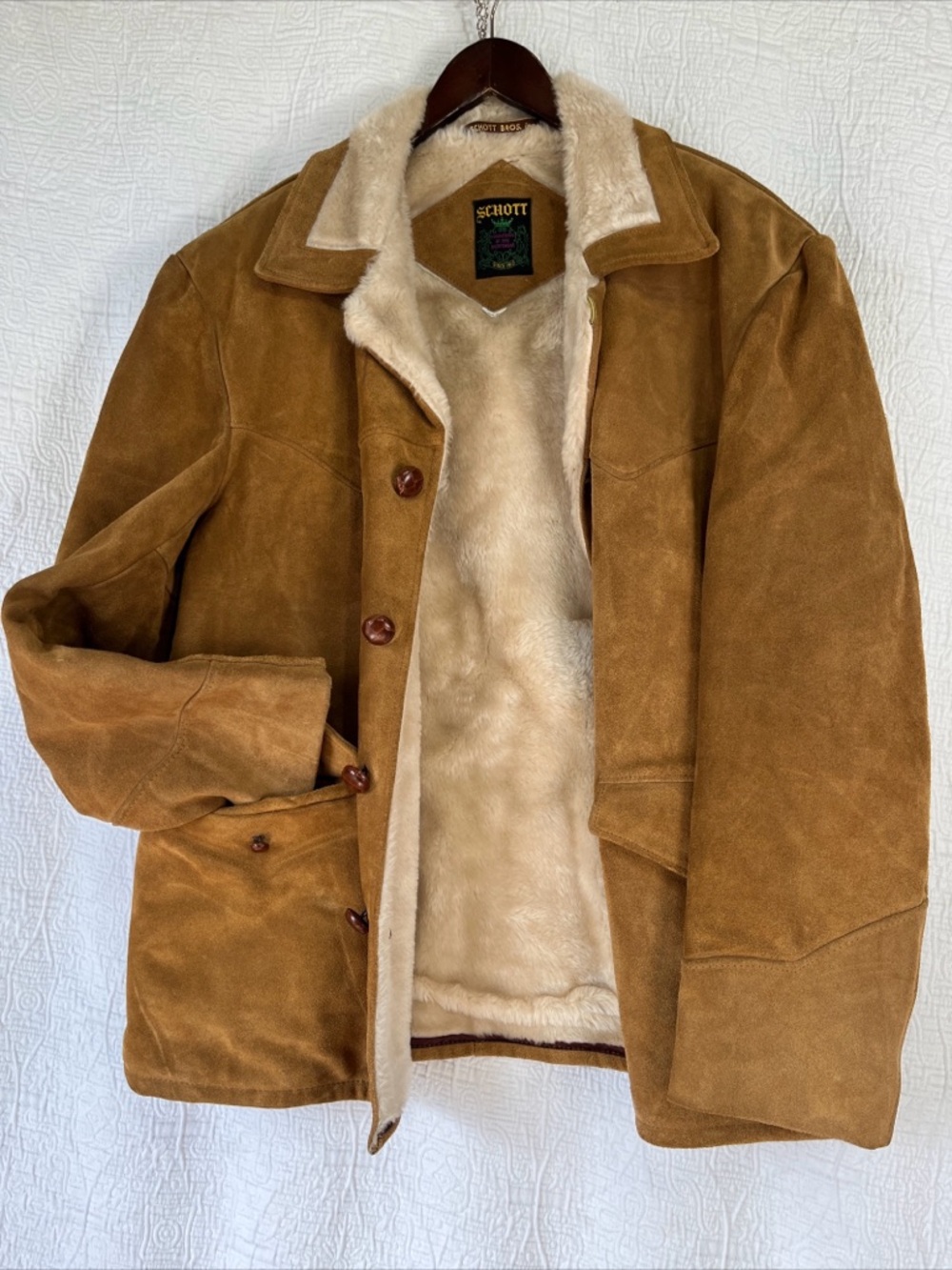 Vintage Schott Bros Western 70s Leather Loop Collar Coat Sherpa Jacket Mens 44